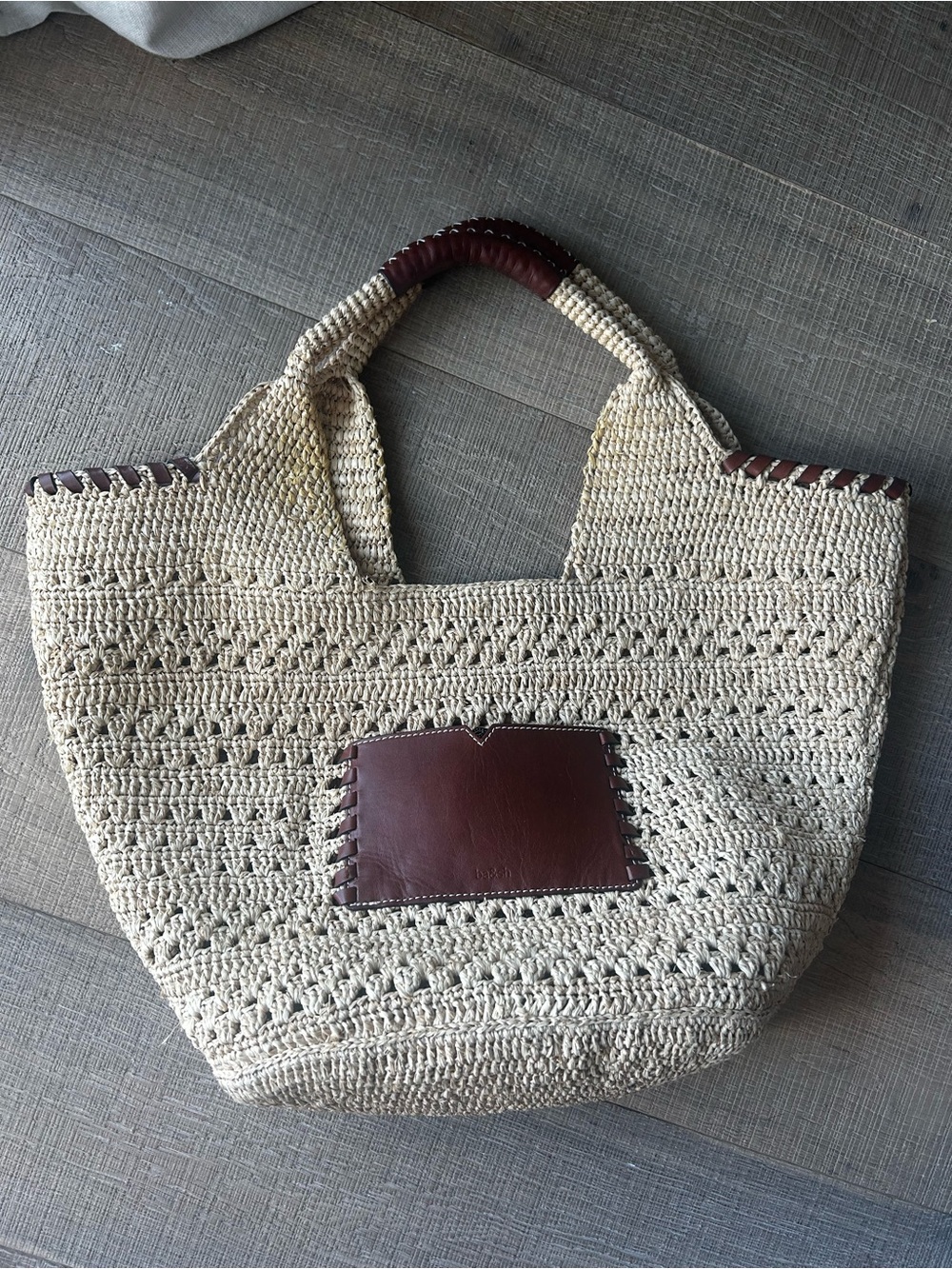 Bash Woven raffia Tote with Brown Leather Accents